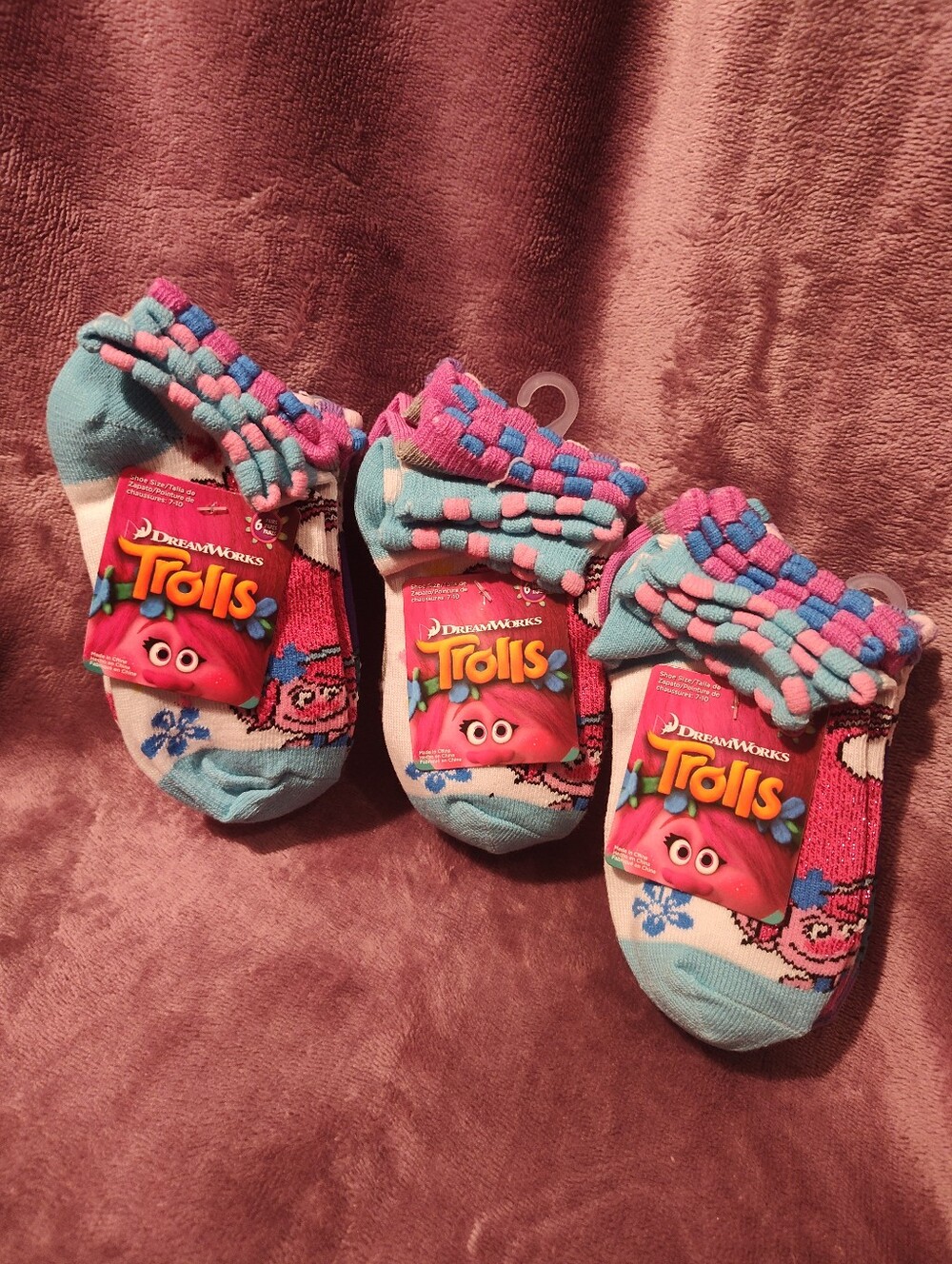 Dreamworks Trolls Blue & Pink Kids No-Show Footies - 3 Pack